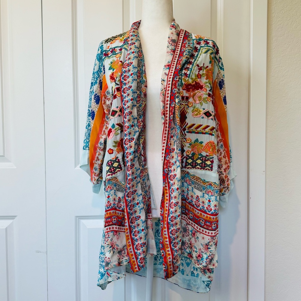 Silk Blend Johnny Was Embroidered Vibrant Boho Floral Patchwork Kimono Small